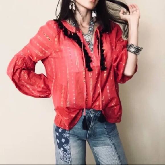 Belle Vere Tops - BELLE VERE Red Romaine Blouse with Tassels NWT in Small